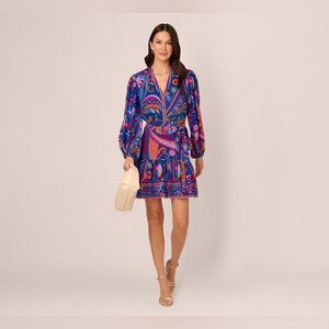 ADRIANNA BY ADRIANNA PAPELL Long Sleeve Retro Printed A-Line Dress Blue Multi